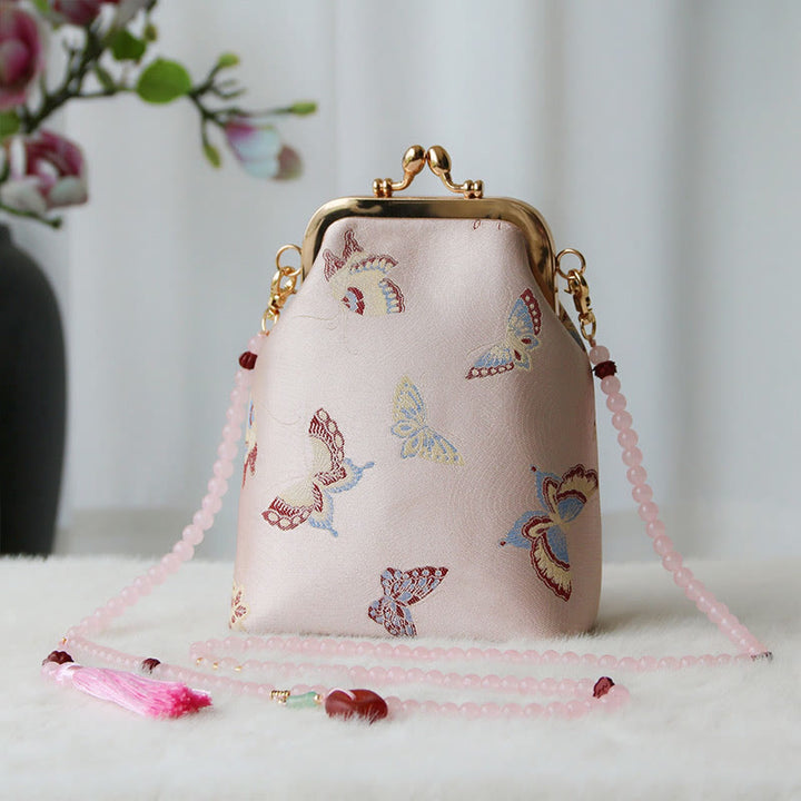 Buddha Stonesのレトロな中国刺繍パールチェーンクロスボディバッグショルダーバッグ - ピンクの蝶 14×6×18cm - image 30