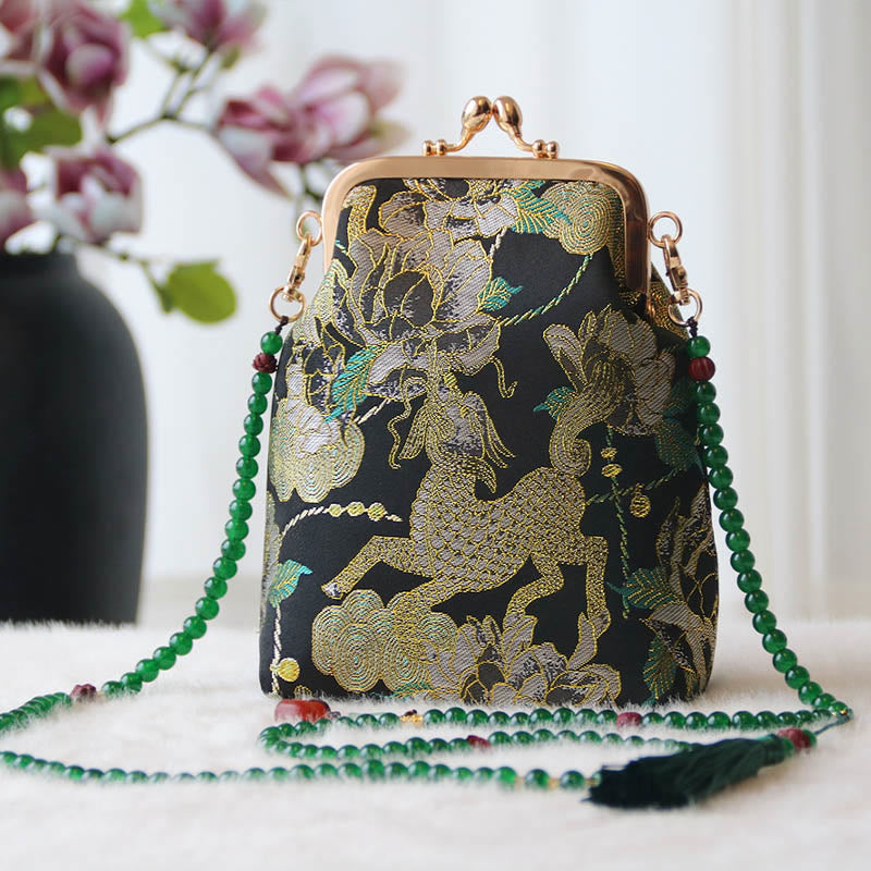 Buddha Stonesのレトロな中国刺繍パールチェーンクロスボディバッグショルダーバッグ - 黒麒麟牡丹 14×6×18cm - image 35