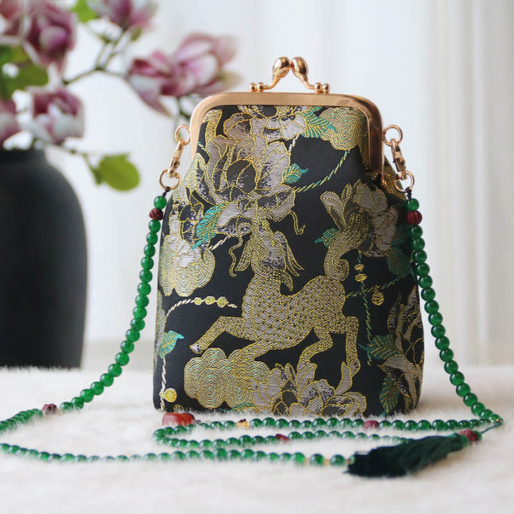 Buddha Stonesのレトロな中国刺繍パールチェーンクロスボディバッグショルダーバッグ - 黒麒麟牡丹 14×6×18cm - image 35