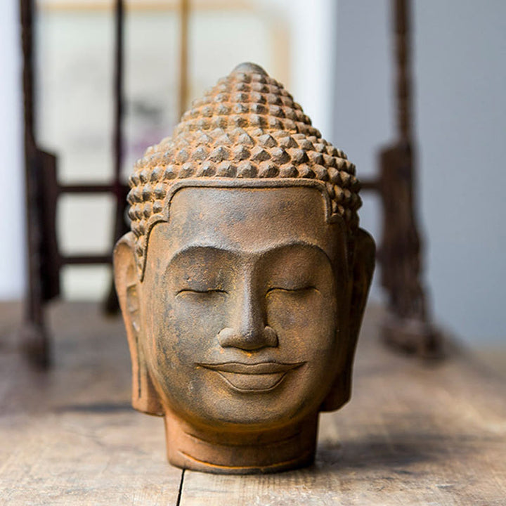 Buddha Stones目を閉じて瞑想する仏頭 鉄粉錆鋳造樹脂像 室内装飾
