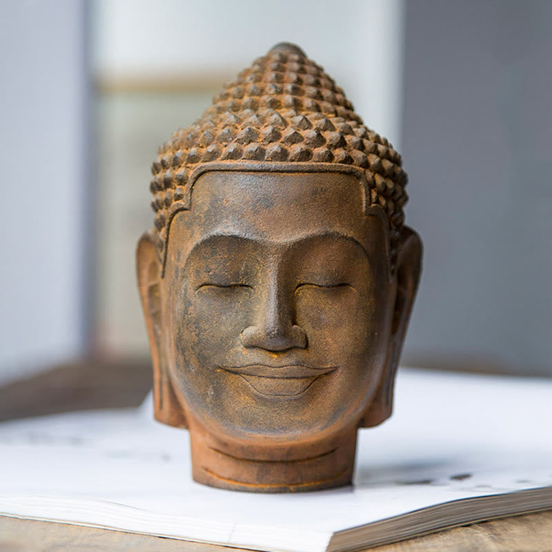 Buddha Stones目を閉じて瞑想する仏頭 鉄粉錆鋳造樹脂像 室内装飾