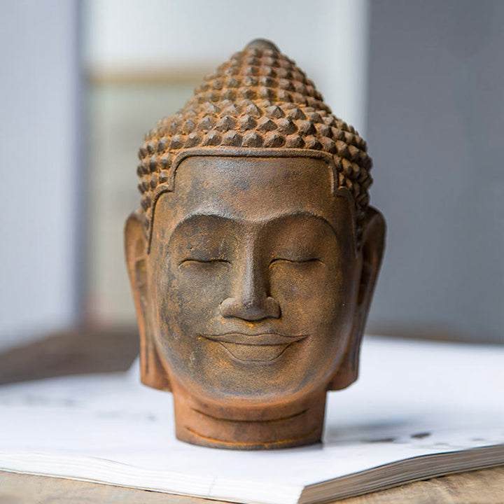 Buddha Stones目を閉じて瞑想する仏頭 鉄粉錆鋳造樹脂像 室内装飾
