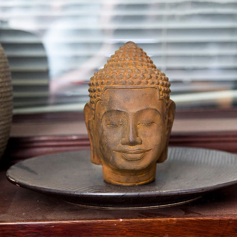 Buddha Stones目を閉じて瞑想する仏頭 鉄粉錆鋳造樹脂像 室内装飾