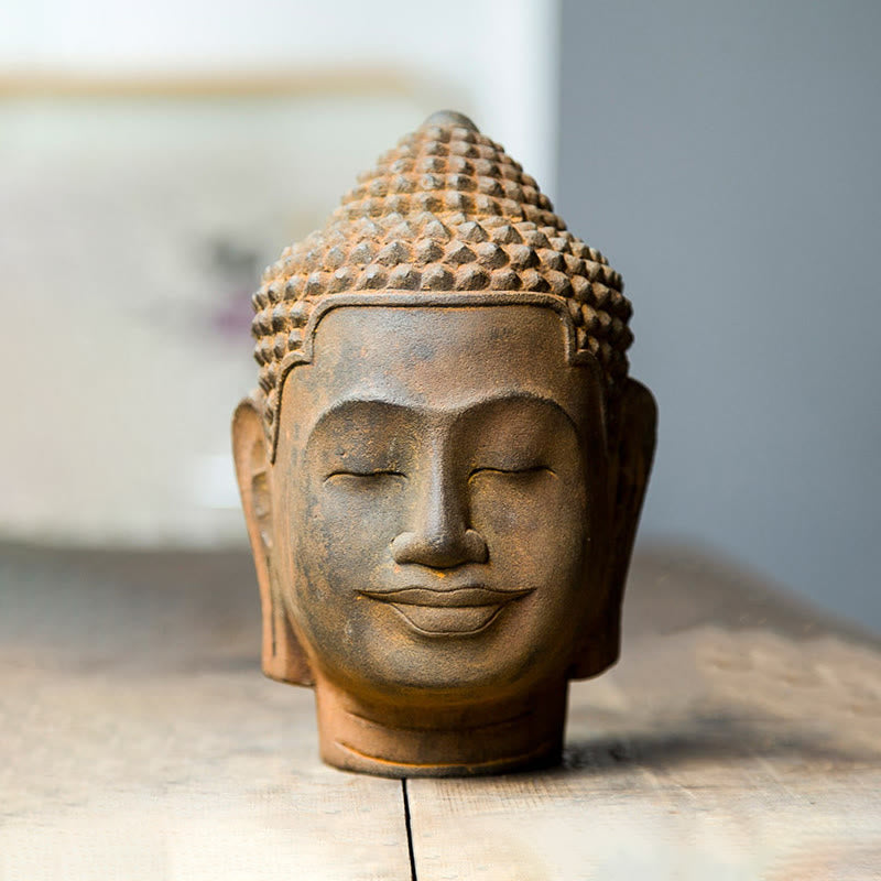Buddha Stones目を閉じて瞑想する仏頭 鉄粉錆鋳造樹脂像 室内装飾