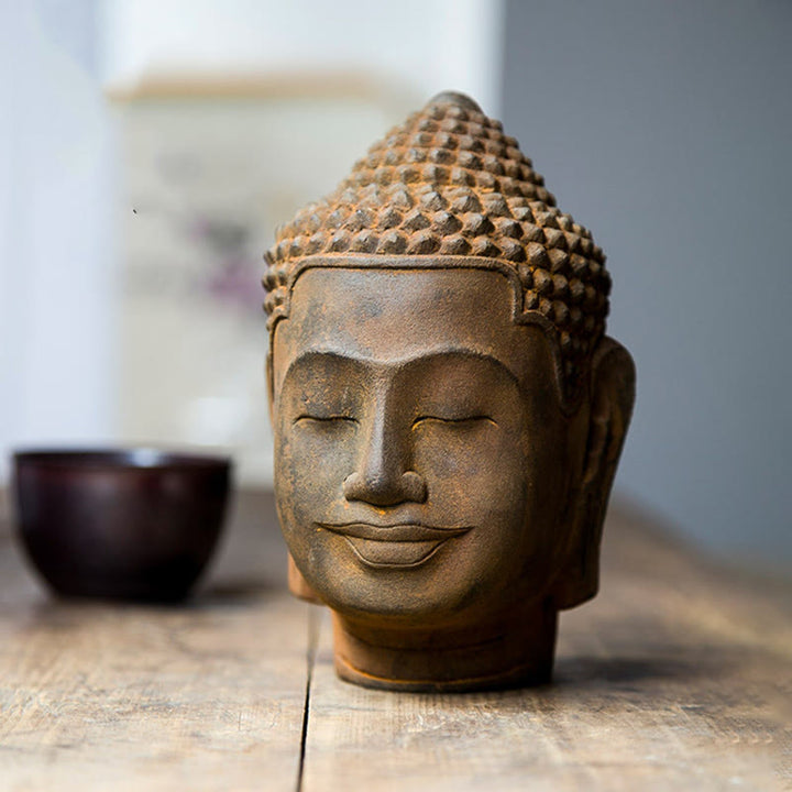 Buddha Stones目を閉じて瞑想する仏頭 鉄粉錆鋳造樹脂像 室内装飾