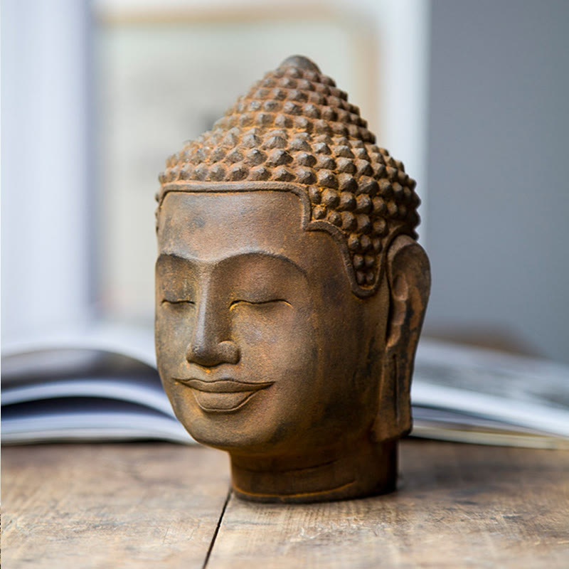 Buddha Stones目を閉じて瞑想する仏頭 鉄粉錆鋳造樹脂像 室内装飾