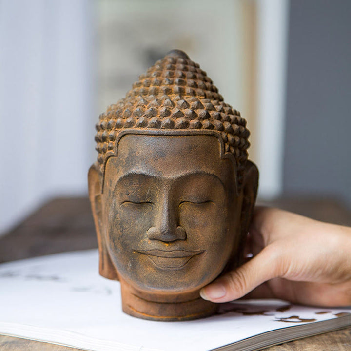 Buddha Stones目を閉じて瞑想する仏頭 鉄粉錆鋳造樹脂像 室内装飾