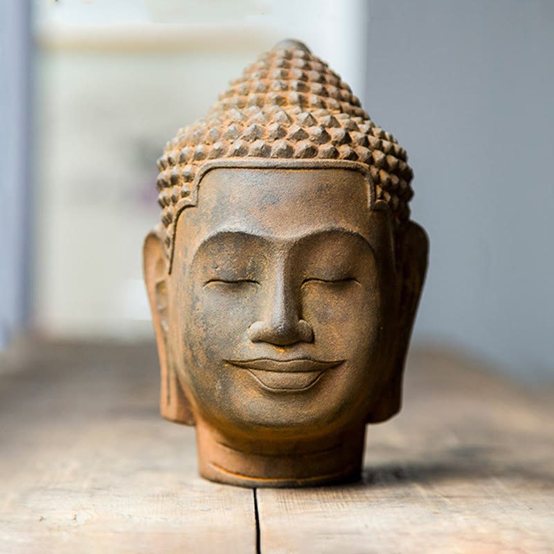 Buddha Stones目を閉じて瞑想する仏頭 鉄粉錆鋳造樹脂像 室内装飾