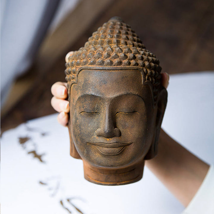 Buddha Stones目を閉じて瞑想する仏頭 鉄粉錆鋳造樹脂像 室内装飾