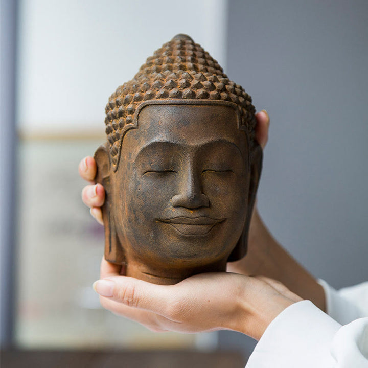 Buddha Stones目を閉じて瞑想する仏頭 鉄粉錆鋳造樹脂像 室内装飾