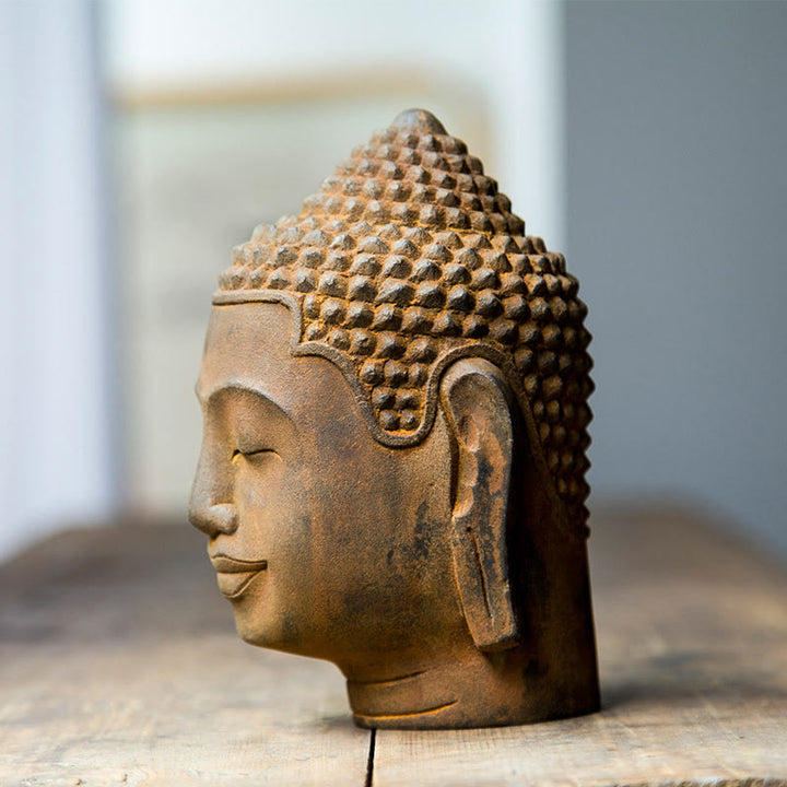Buddha Stones目を閉じて瞑想する仏頭 鉄粉錆鋳造樹脂像 室内装飾