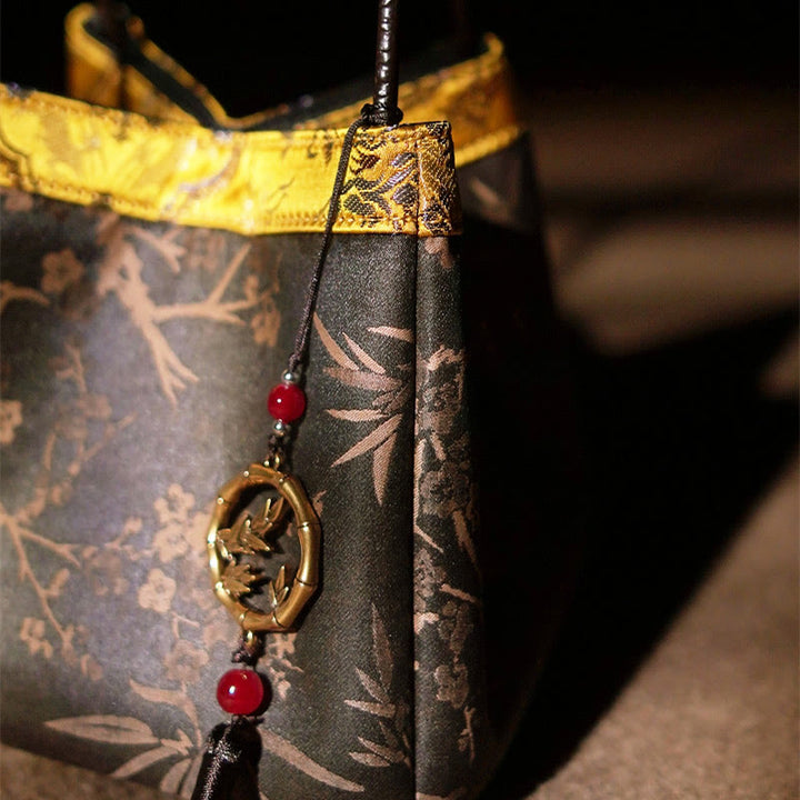 Buddha Stones、梅の花、竹の枝の刺繍タッセル、翔雲舎シルクショルダーバッグ、ハンドバッグ