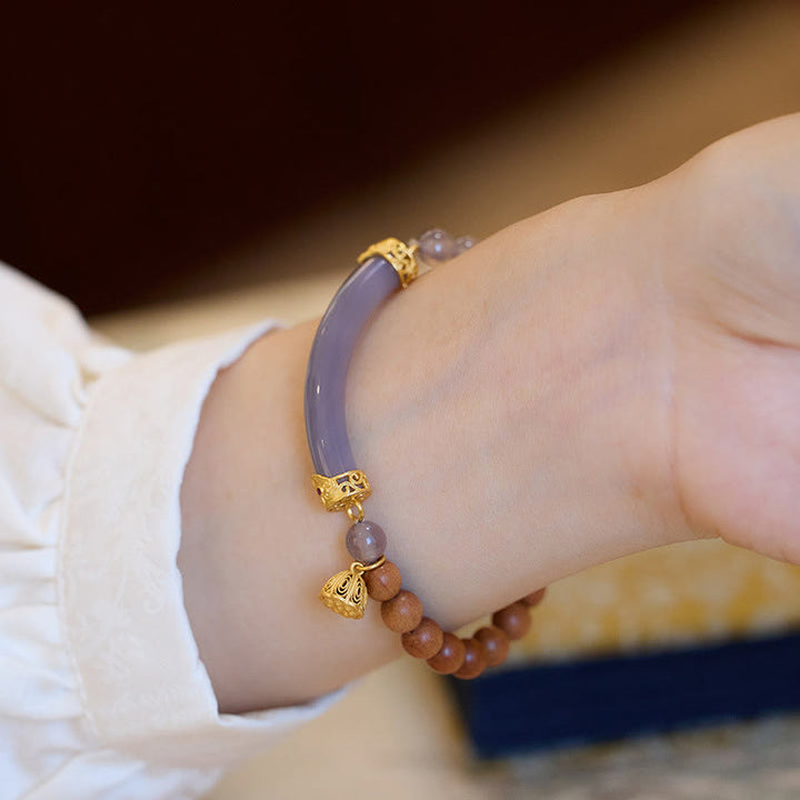 Buddha Stonesサンダルウッド グレーアゲート カルセドニー カフ ハーフブレスレット バングル