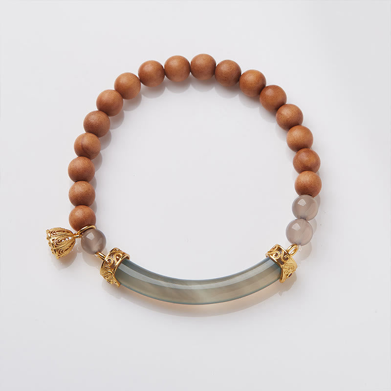 Buddha Stonesサンダルウッド グレーアゲート カルセドニー カフ ハーフブレスレット バングル