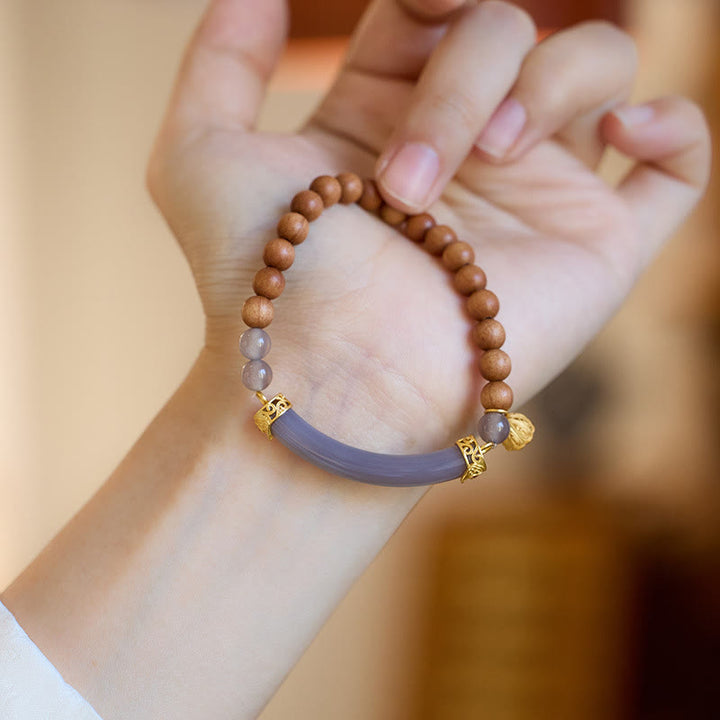 Buddha Stonesサンダルウッド グレーアゲート カルセドニー カフ ハーフブレスレット バングル
