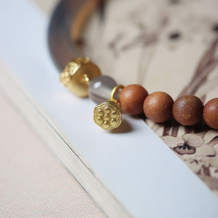 Buddha Stonesサンダルウッド グレーアゲート カルセドニー カフ ハーフブレスレット バングル