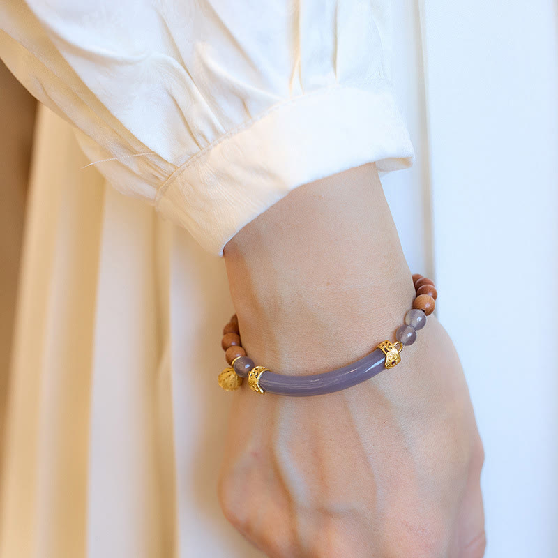 Buddha Stonesサンダルウッド グレーアゲート カルセドニー カフ ハーフブレスレット バングル