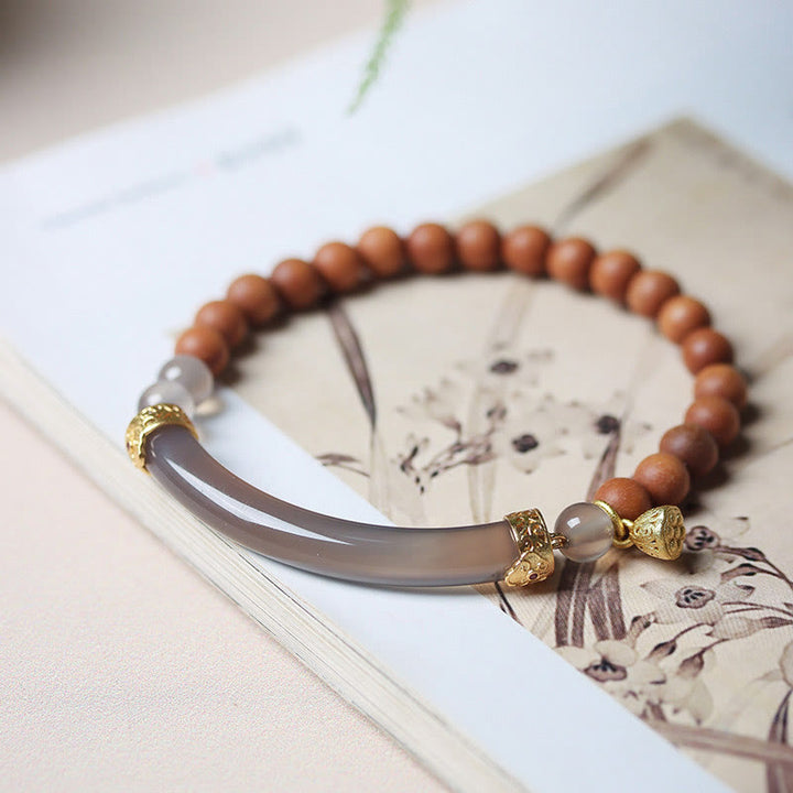 Buddha Stonesサンダルウッド グレーアゲート カルセドニー カフ ハーフブレスレット バングル