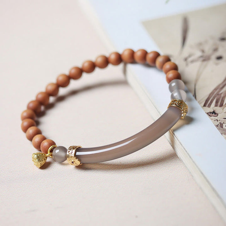 Buddha Stonesサンダルウッド グレーアゲート カルセドニー カフ ハーフブレスレット バングル