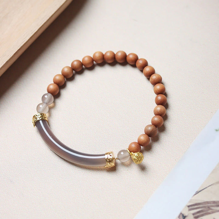 Buddha Stonesサンダルウッド グレーアゲート カルセドニー カフ ハーフブレスレット バングル