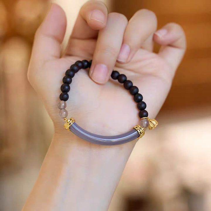 Buddha Stonesサンダルウッド グレーアゲート カルセドニー カフ ハーフブレスレット バングル