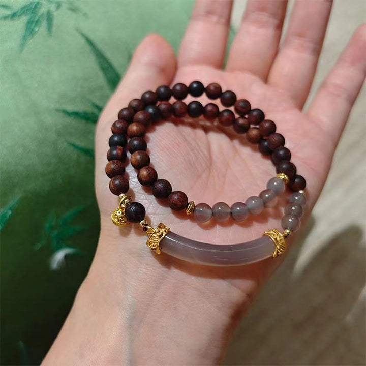 Buddha Stonesサンダルウッド グレーアゲート カルセドニー カフ ハーフブレスレット バングル