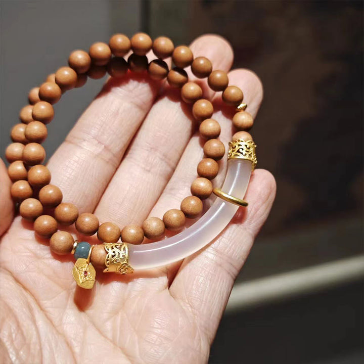 Buddha Stonesサンダルウッド グレーアゲート カルセドニー カフ ハーフブレスレット バングル