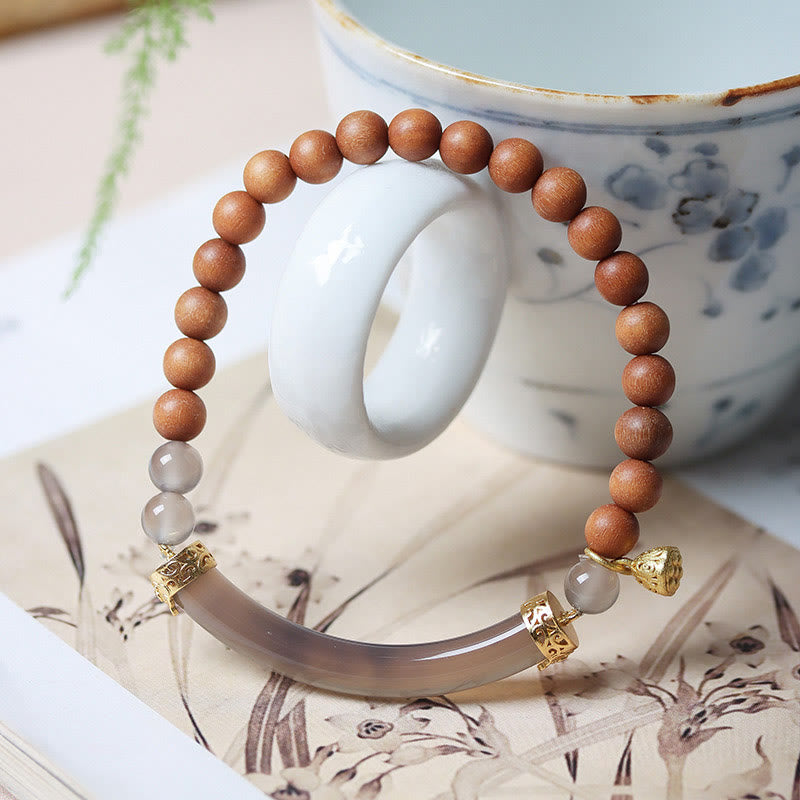 Buddha Stonesサンダルウッド グレーアゲート カルセドニー カフ ハーフブレスレット バングル