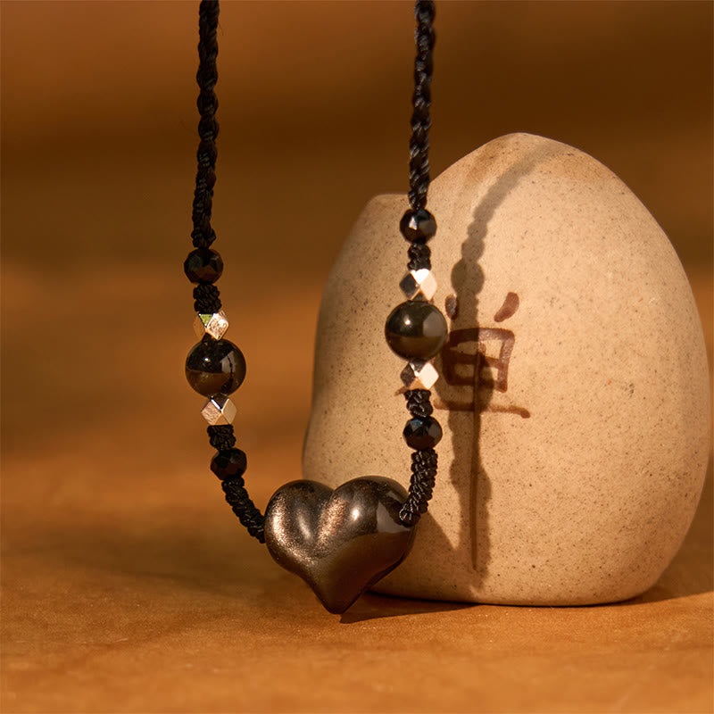 Buddha Stones天然銀光沢黒曜石ハート保護ネックレスペンダント