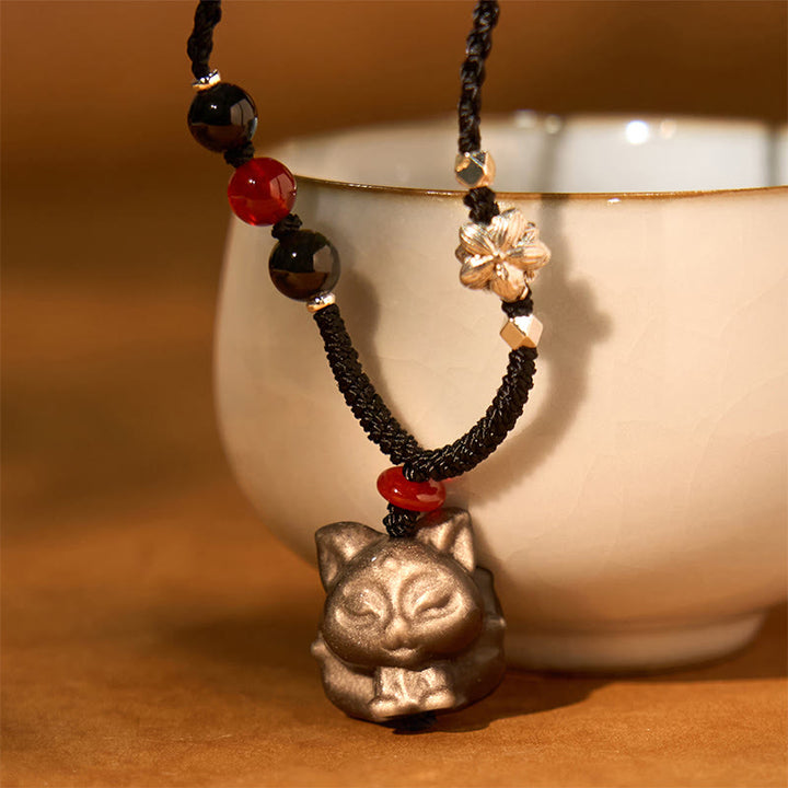 Buddha Stones天然銀光沢黒曜石 九尾狐 守護ネックレスペンダント