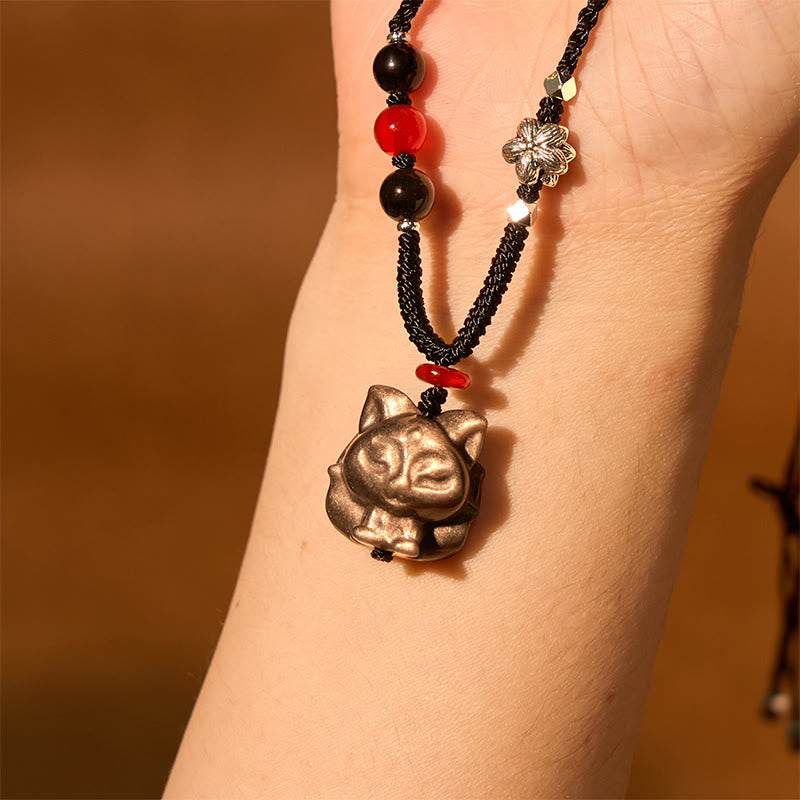 Buddha Stones天然銀光沢黒曜石 九尾狐 守護ネックレスペンダント