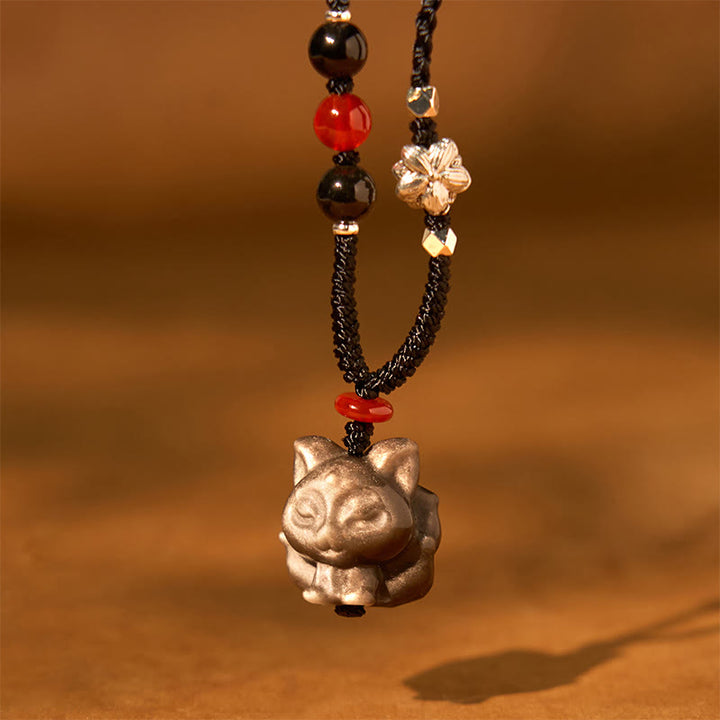 Buddha Stones天然銀光沢黒曜石 九尾狐 守護ネックレスペンダント