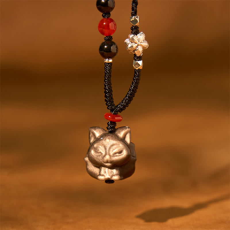 Buddha Stones天然銀光沢黒曜石 九尾狐 守護ネックレスペンダント