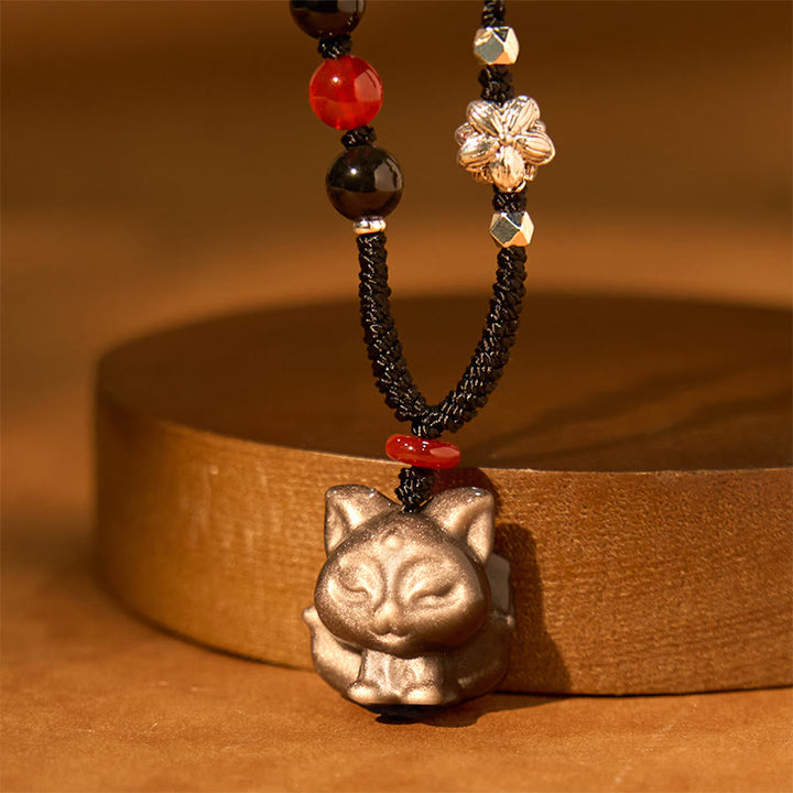 Buddha Stones天然銀光沢黒曜石 九尾狐 守護ネックレスペンダント
