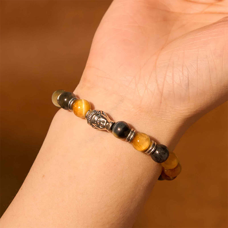Buddha Stonesブルーグリーンレッドタイガーアイ 仏陀頭 バランスブレスレット