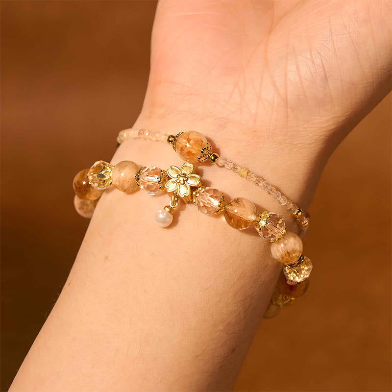 Buddha Stones天然シトリンガラスビーズ 花 多層 繁栄ブレスレット