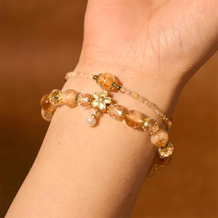 Buddha Stones天然シトリンガラスビーズ 花 多層 繁栄ブレスレット