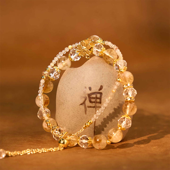 Buddha Stones天然シトリンガラスビーズ 花 多層 繁栄ブレスレット