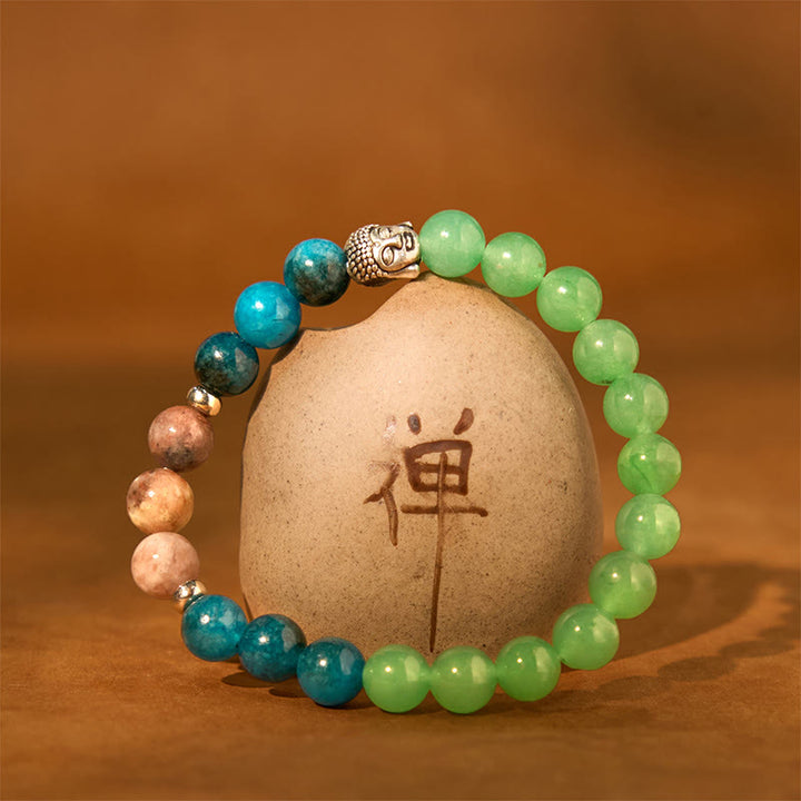 Buddha Stones天然ブラックオニキス ホワイトストーン グリーンアベンチュリン タイガーアイアゲート ミックスカラー 仏陀頭守護ブレスレット