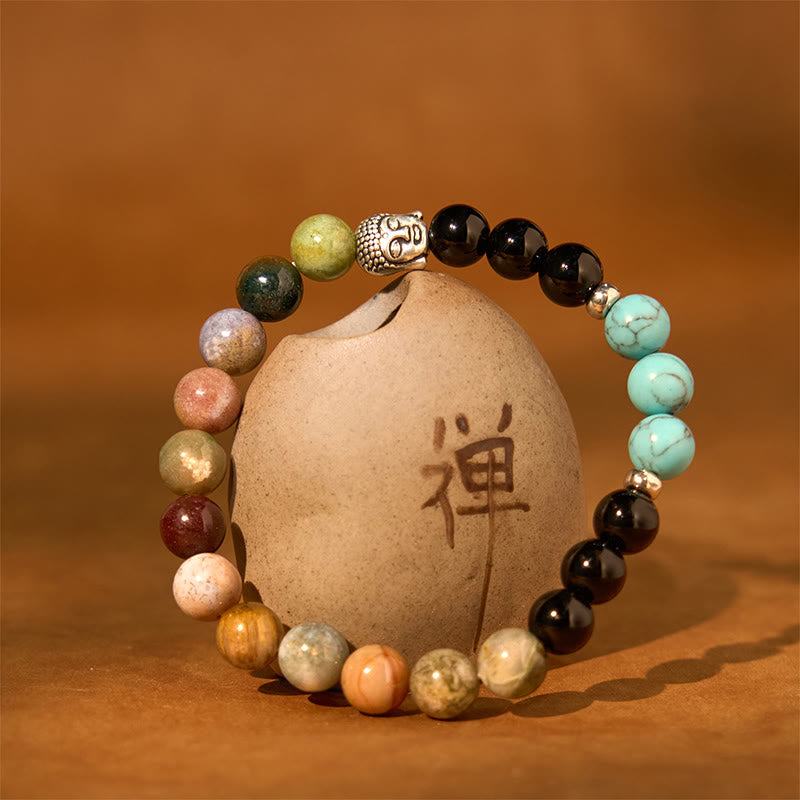 Buddha Stones天然ブラックオニキス ホワイトストーン グリーンアベンチュリン タイガーアイアゲート ミックスカラー 仏陀頭守護ブレスレット
