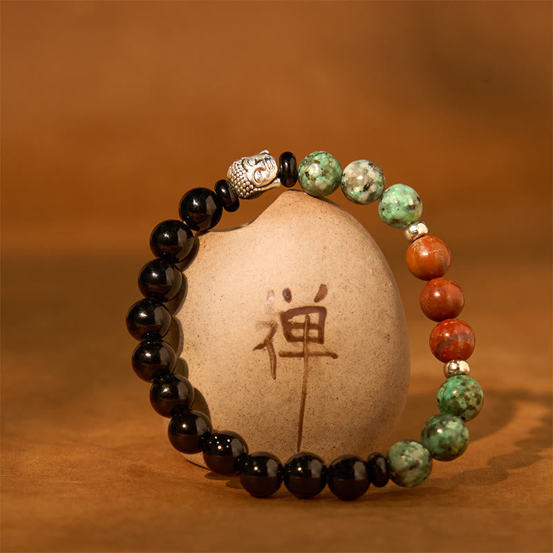 Buddha Stones天然ブラックオニキス ホワイトストーン グリーンアベンチュリン タイガーアイアゲート ミックスカラー 仏陀頭守護ブレスレット