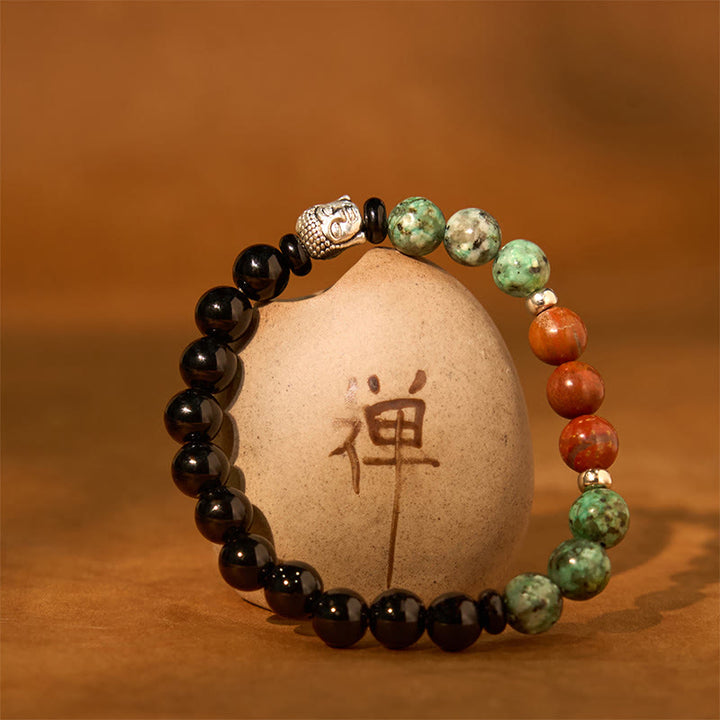 Buddha Stones天然ブラックオニキス ホワイトストーン グリーンアベンチュリン タイガーアイアゲート ミックスカラー 仏陀頭守護ブレスレット