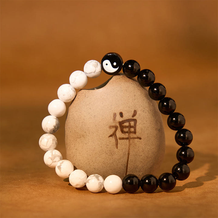 Buddha Stones天然黒曜石ホワイトターコイズ陰陽太極拳強さブレスレット