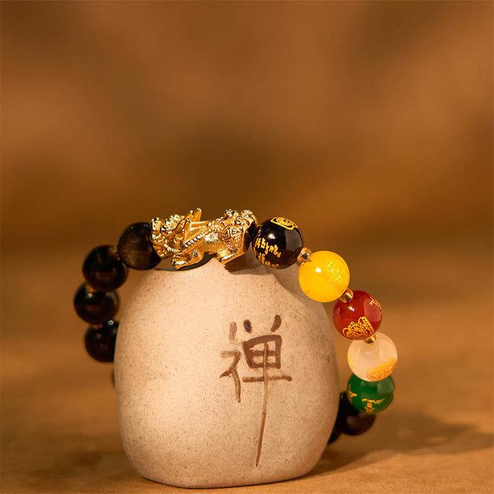 Buddha Stones天然金彩黒曜石 貔貅 五方位 富の神守護ブレスレット