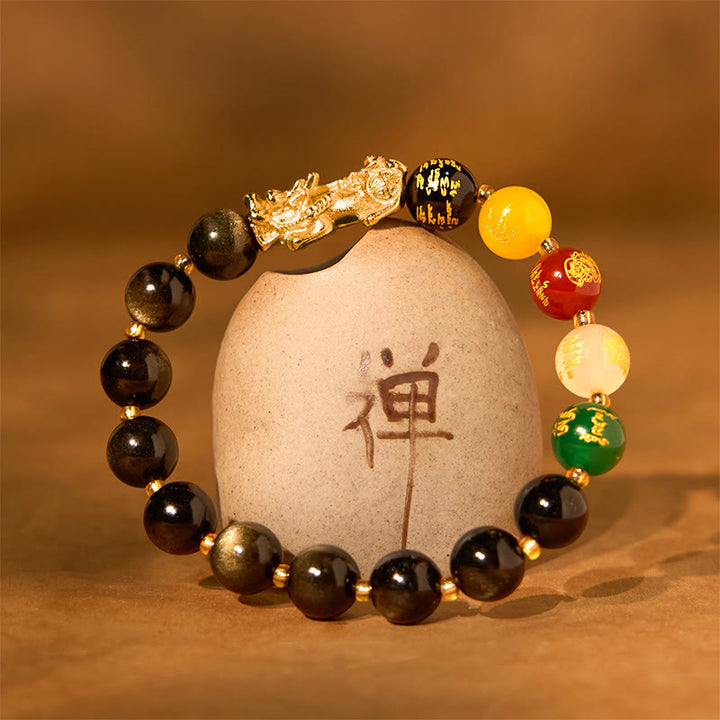 Buddha Stones天然金彩黒曜石 貔貅 五方位 富の神守護ブレスレット