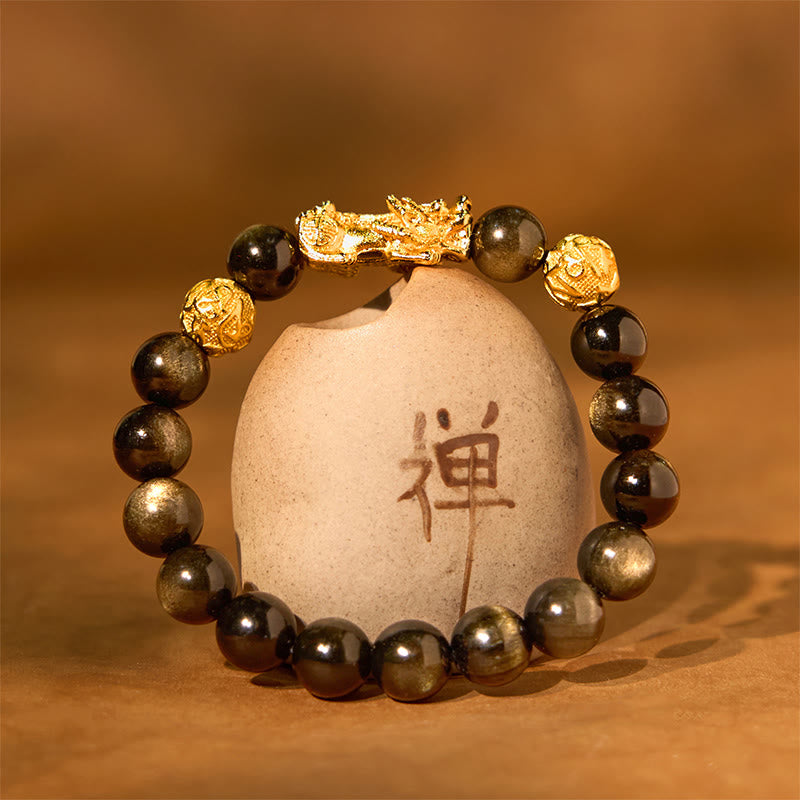 Buddha Stones天然ゴールド光沢 黒曜石 貔貅オーム・マニ・パドメ・フム開運財運ブレスレット
