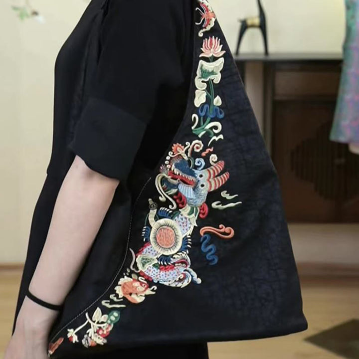 Buddha Stones、魚、花、鳳凰の刺繍、翔雲舎シルクショルダーバッグ