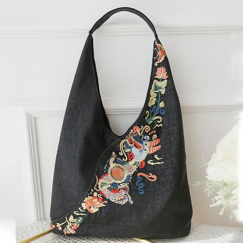 Buddha Stones、魚、花、鳳凰の刺繍、翔雲舎シルクショルダーバッグ