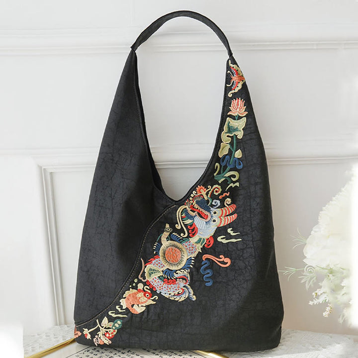 Buddha Stones、魚、花、鳳凰の刺繍、翔雲舎シルクショルダーバッグ