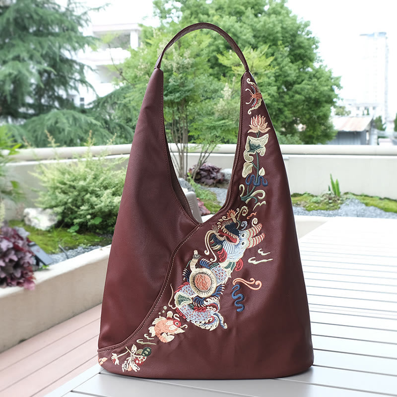 Buddha Stones、魚、花、鳳凰の刺繍、翔雲舎シルクショルダーバッグ